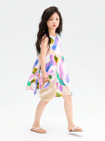 Young Girl Colorful Graffiti Cotton Dress, 2024 New Summer Beach Sundress For Girls