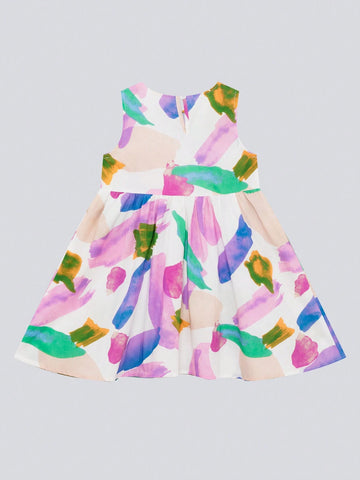 Young Girl Colorful Graffiti Cotton Dress, 2024 New Summer Beach Sundress For Girls