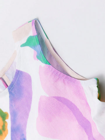 Young Girl Colorful Graffiti Cotton Dress, 2024 New Summer Beach Sundress For Girls