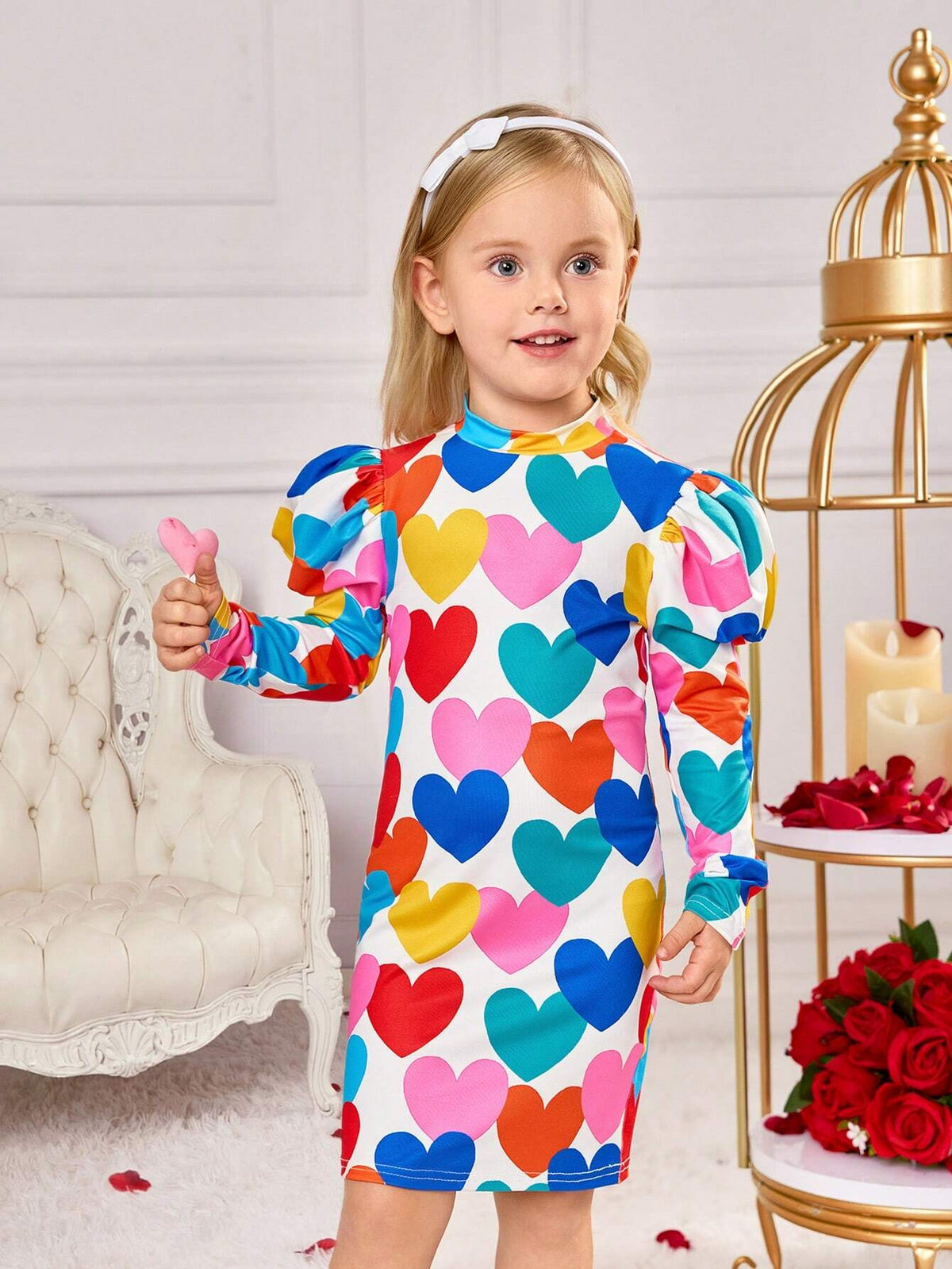 Young Girl Colorful Love Print Leg Of Mutton Sleeve Dress,Great For Casual & Daily Wear & School Daily In Spring And Summer