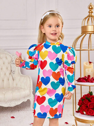 Young Girl Colorful Love Print Leg Of Mutton Sleeve Dress,Great For Casual & Daily Wear & School Daily In Spring And Summer