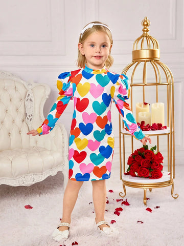 Young Girl Colorful Love Print Leg Of Mutton Sleeve Dress,Great For Casual & Daily Wear & School Daily In Spring And Summer