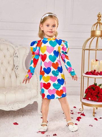 Young Girl Colorful Love Print Leg Of Mutton Sleeve Dress,Great For Casual & Daily Wear & School Daily In Spring And Summer