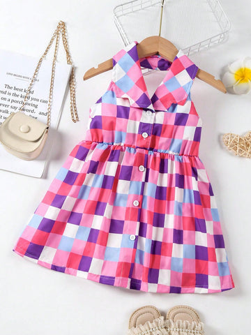 Young Girl Colorful Plaid Halter Backless Midi Dress For Summer