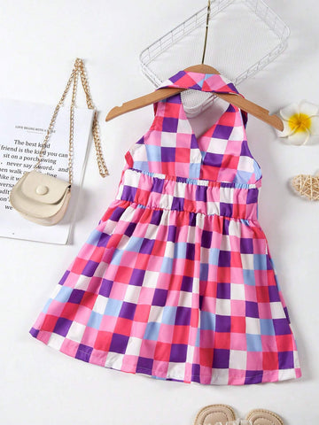 Young Girl Colorful Plaid Halter Backless Midi Dress For Summer