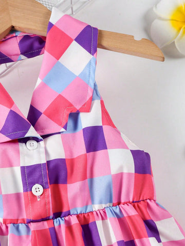 Young Girl Colorful Plaid Halter Backless Midi Dress For Summer