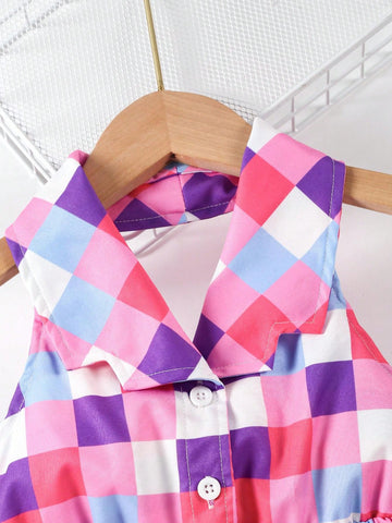 Young Girl Colorful Plaid Halter Backless Midi Dress For Summer