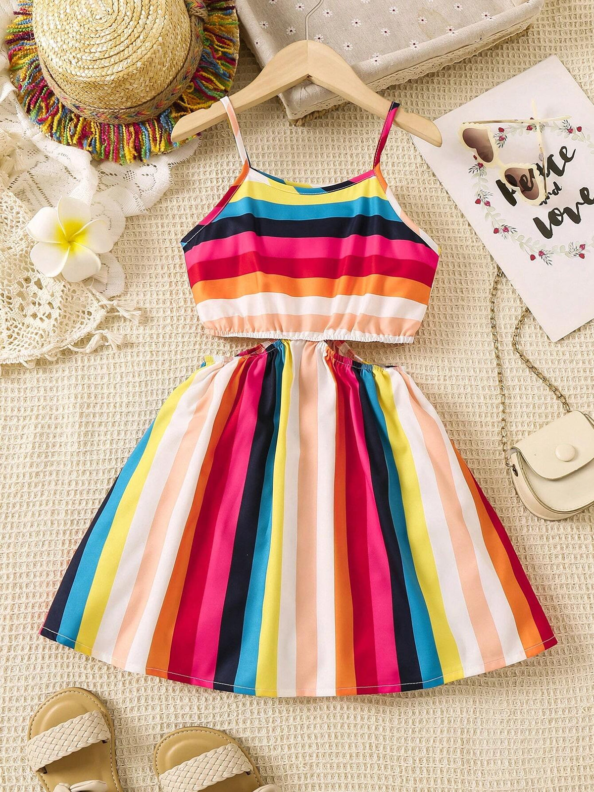 Young Girl Colorful Striped Hollow Out Waist Cami Dress