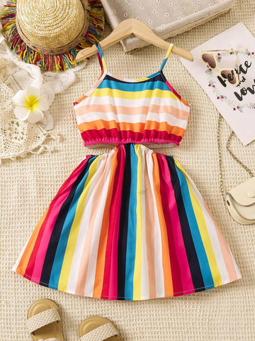 Young Girl Colorful Striped Hollow Out Waist Cami Dress