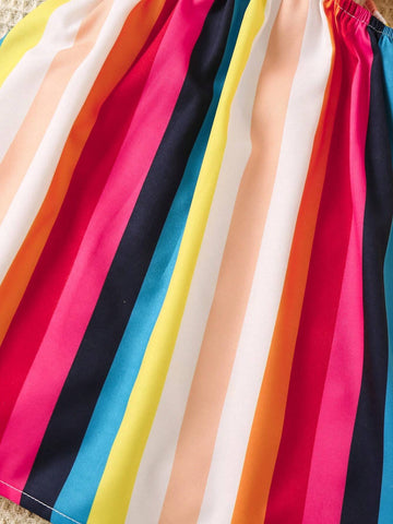 Young Girl Colorful Striped Hollow Out Waist Cami Dress