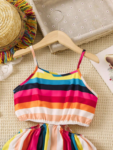 Young Girl Colorful Striped Hollow Out Waist Cami Dress