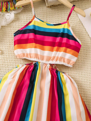 Young Girl Colorful Striped Hollow Out Waist Cami Dress