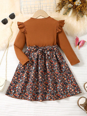 Young Girl Comfortable And Stylish Floral Flower Print Belt Dress For Girls - Perfect For Parties