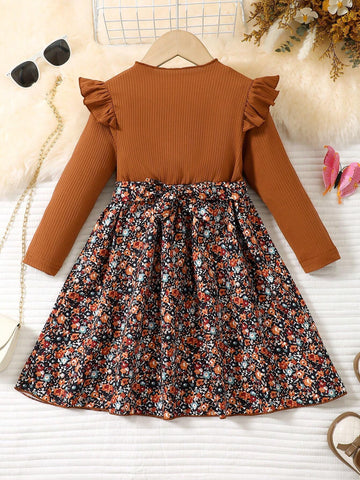 Young Girl Comfortable And Stylish Floral Flower Print Belt Dress For Girls - Perfect For Parties