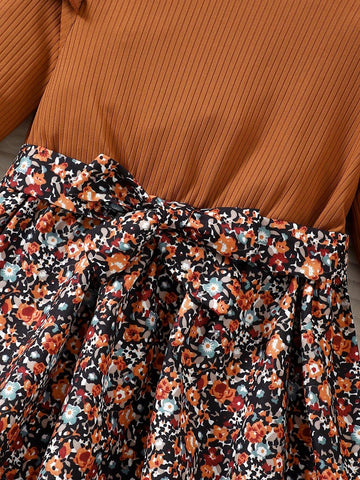 Young Girl Comfortable And Stylish Floral Flower Print Belt Dress For Girls - Perfect For Parties