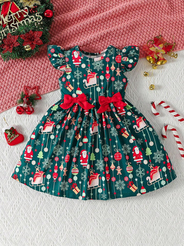 Young Girl' Comfortable Soft Elegant Round Neck Digital Print Christmas "Merry Christmas" Pattern Dress, Suitable For Formal Occasions, Daily Wear, Parties And Versatile