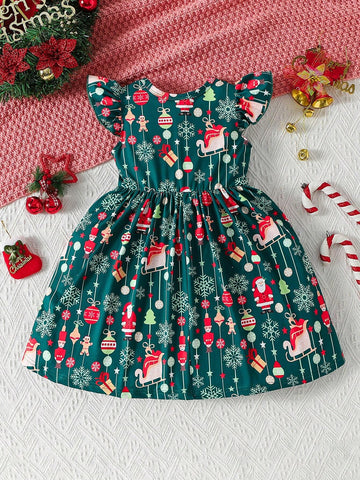 Young Girl' Comfortable Soft Elegant Round Neck Digital Print Christmas "Merry Christmas" Pattern Dress, Suitable For Formal Occasions, Daily Wear, Parties And Versatile