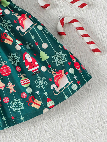 Young Girl' Comfortable Soft Elegant Round Neck Digital Print Christmas "Merry Christmas" Pattern Dress, Suitable For Formal Occasions, Daily Wear, Parties And Versatile