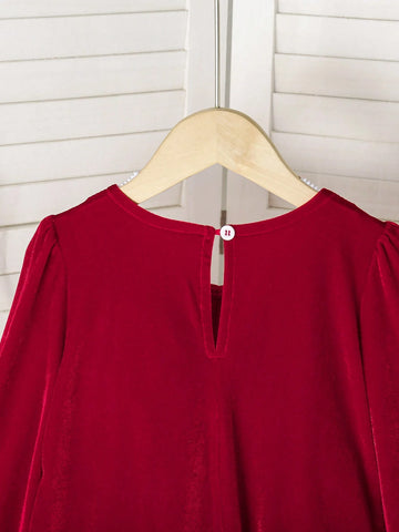 Young Girl Commuting Elegant Casual Ladylike Stand Collar Long Sleeve Burgundy Velvet 3D Floral Decor Princess Dress