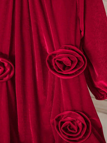 Young Girl Commuting Elegant Casual Ladylike Stand Collar Long Sleeve Burgundy Velvet 3D Floral Decor Princess Dress