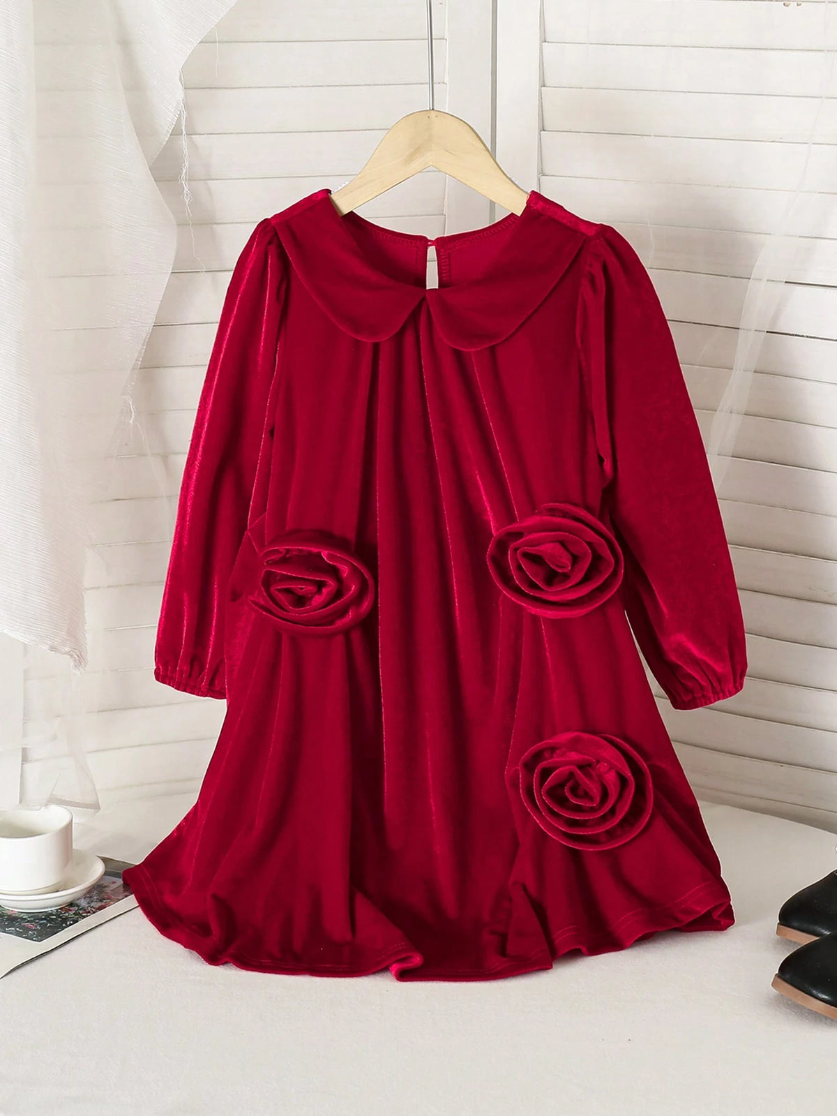 Young Girl Commuting Elegant Casual Ladylike Stand Collar Long Sleeve Burgundy Velvet 3D Floral Decor Princess Dress