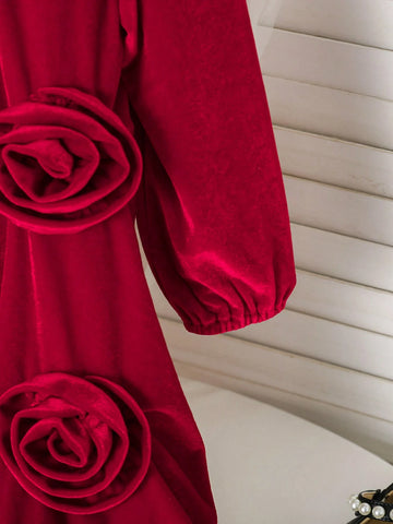 Young Girl Commuting Elegant Casual Ladylike Stand Collar Long Sleeve Burgundy Velvet 3D Floral Decor Princess Dress