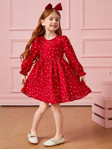Young Girl Confetti Heart Print Flounce Sleeve Dress ,Red For Holiday ,Sister And Me Matching, Mom And Daughter Matching