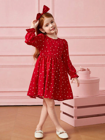Young Girl Confetti Heart Print Flounce Sleeve Dress ,Red For Holiday ,Sister And Me Matching, Mom And Daughter Matching