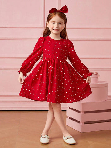 Young Girl Confetti Heart Print Flounce Sleeve Dress ,Red For Holiday ,Sister And Me Matching, Mom And Daughter Matching