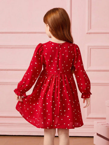 Young Girl Confetti Heart Print Flounce Sleeve Dress ,Red For Holiday ,Sister And Me Matching, Mom And Daughter Matching
