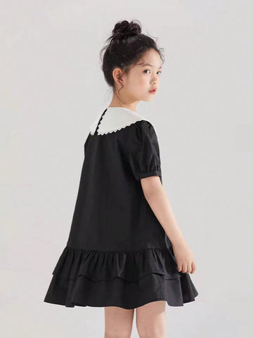 Young Girl Contrast Collar Dress With Flower Embroidery And Ruffled Hem