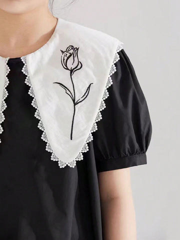 Young Girl Contrast Collar Dress With Flower Embroidery And Ruffled Hem