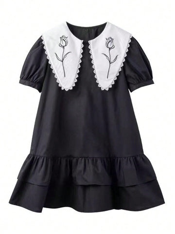 Young Girl Contrast Collar Dress With Flower Embroidery And Ruffled Hem