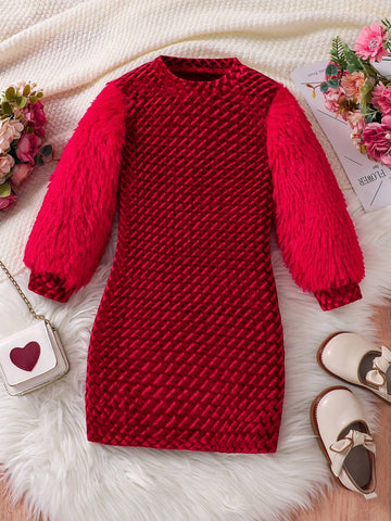 Young Girl Contrast Color Geometric Print Faux Fur Patchwork Long Sleeve Dress, Autumn/Winter