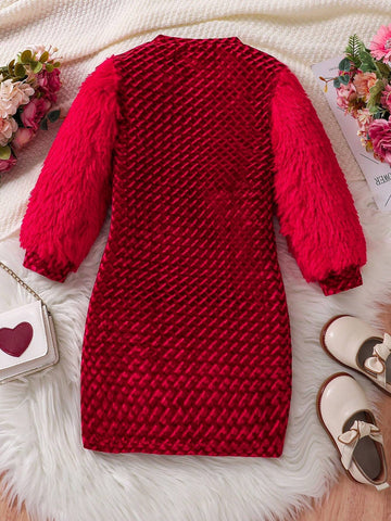 Young Girl Contrast Color Geometric Print Faux Fur Patchwork Long Sleeve Dress, Autumn/Winter