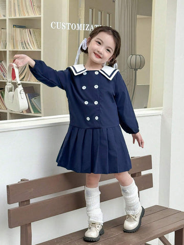 Young Girl Contrast Color Peter Pan Collar Long Sleeve Double-Breasted Pleated Hem School Style Dress, Autumn