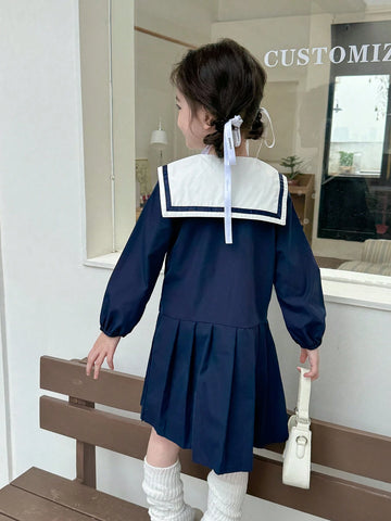 Young Girl Contrast Color Peter Pan Collar Long Sleeve Double-Breasted Pleated Hem School Style Dress, Autumn