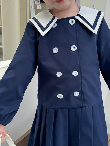 Young Girl Contrast Color Peter Pan Collar Long Sleeve Double-Breasted Pleated Hem School Style Dress, Autumn
