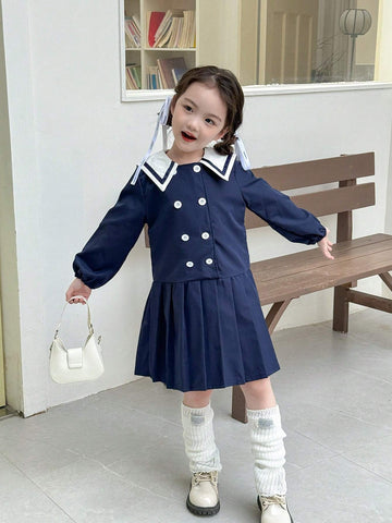 Young Girl Contrast Color Peter Pan Collar Long Sleeve Double-Breasted Pleated Hem School Style Dress, Autumn