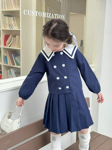 Young Girl Contrast Color Peter Pan Collar Long Sleeve Double-Breasted Pleated Hem School Style Dress, Autumn