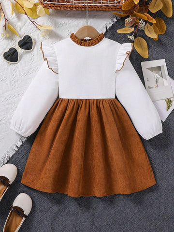Young Girl Contrast Color Stand Collar Puff Sleeve Fit & Flare Casual Dress