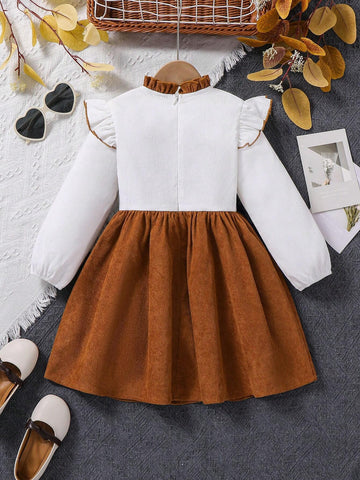 Young Girl Contrast Color Stand Collar Puff Sleeve Fit & Flare Casual Dress