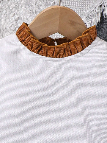 Young Girl Contrast Color Stand Collar Puff Sleeve Fit & Flare Casual Dress