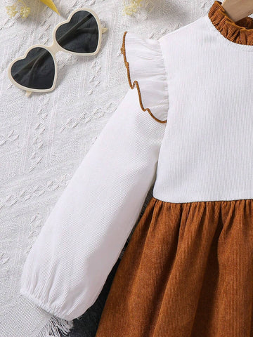 Young Girl Contrast Color Stand Collar Puff Sleeve Fit & Flare Casual Dress