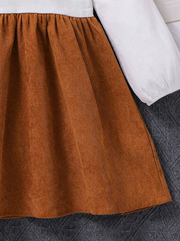 Young Girl Contrast Color Stand Collar Puff Sleeve Fit & Flare Casual Dress