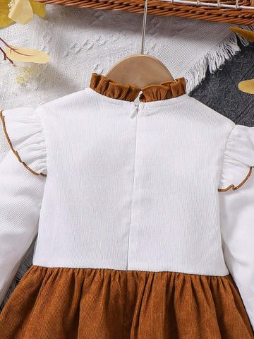 Young Girl Contrast Color Stand Collar Puff Sleeve Fit & Flare Casual Dress