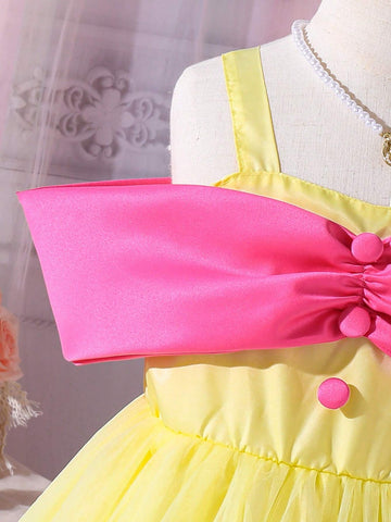 Young Girl Contrast Mesh Dress, Pink-Yellow Color Block, Party Dress