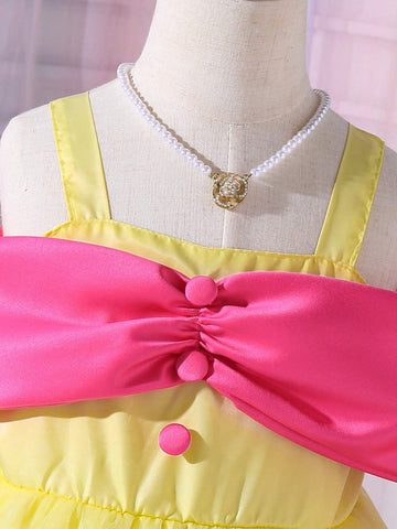 Young Girl Contrast Mesh Dress, Pink-Yellow Color Block, Party Dress