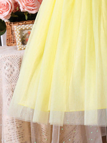 Young Girl Contrast Mesh Dress, Pink-Yellow Color Block, Party Dress