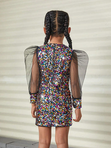 Young Girl Contrast Mesh Gigot Sleeve Sequin Dress,Party Dress